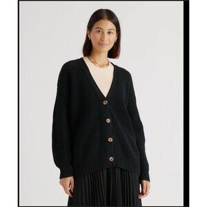 Quince Oversized Boyfriend Cardigan Size L Black Organic Cotton V-Neck Chunky